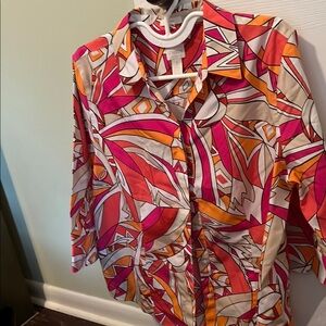 Chico's Red and White 3/4 Sleeve Graphic Top